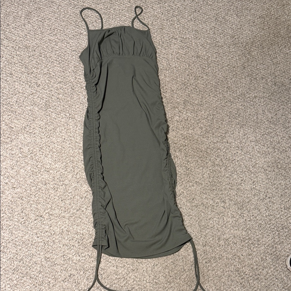 Forever 21 Olive Green Ruched Spaghetti Strap Midi Dress